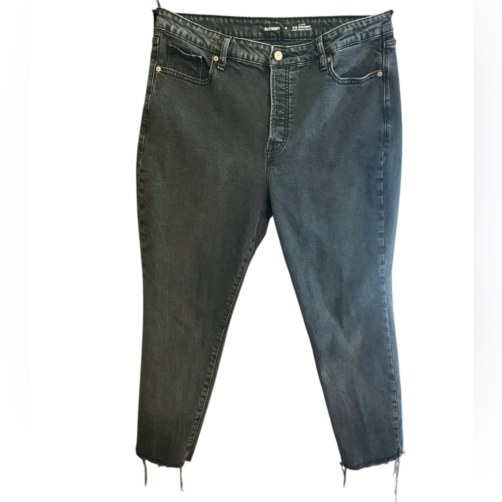 Old Navy Women's High-Rise Black Faded Jeans with Button Fly/Distressed Cuffs